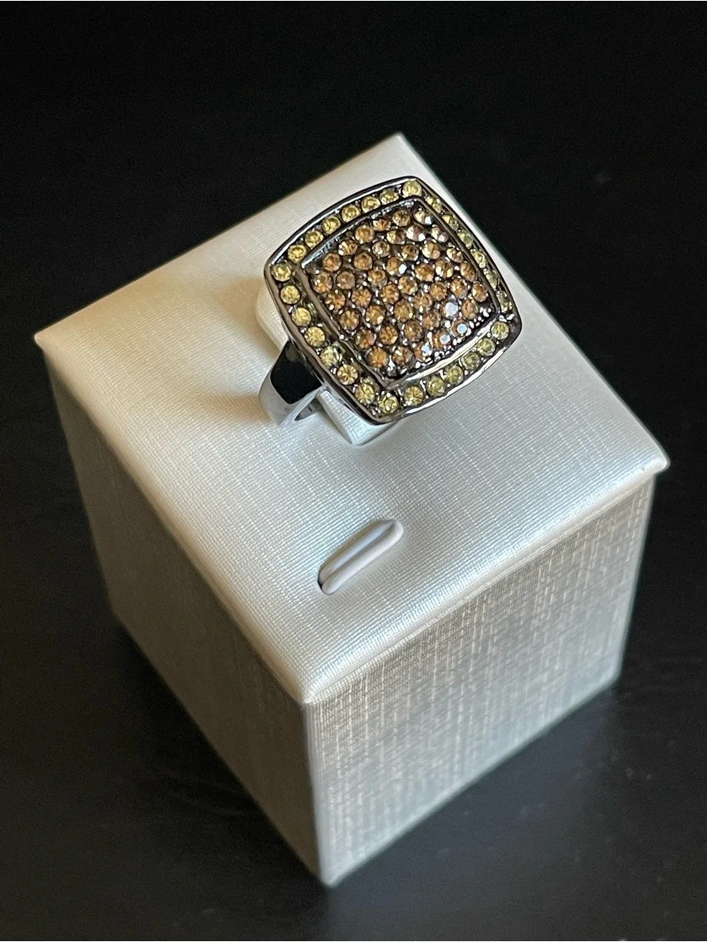 Black silver tone Square Pave Cocktail Ring with Champagne Crystals